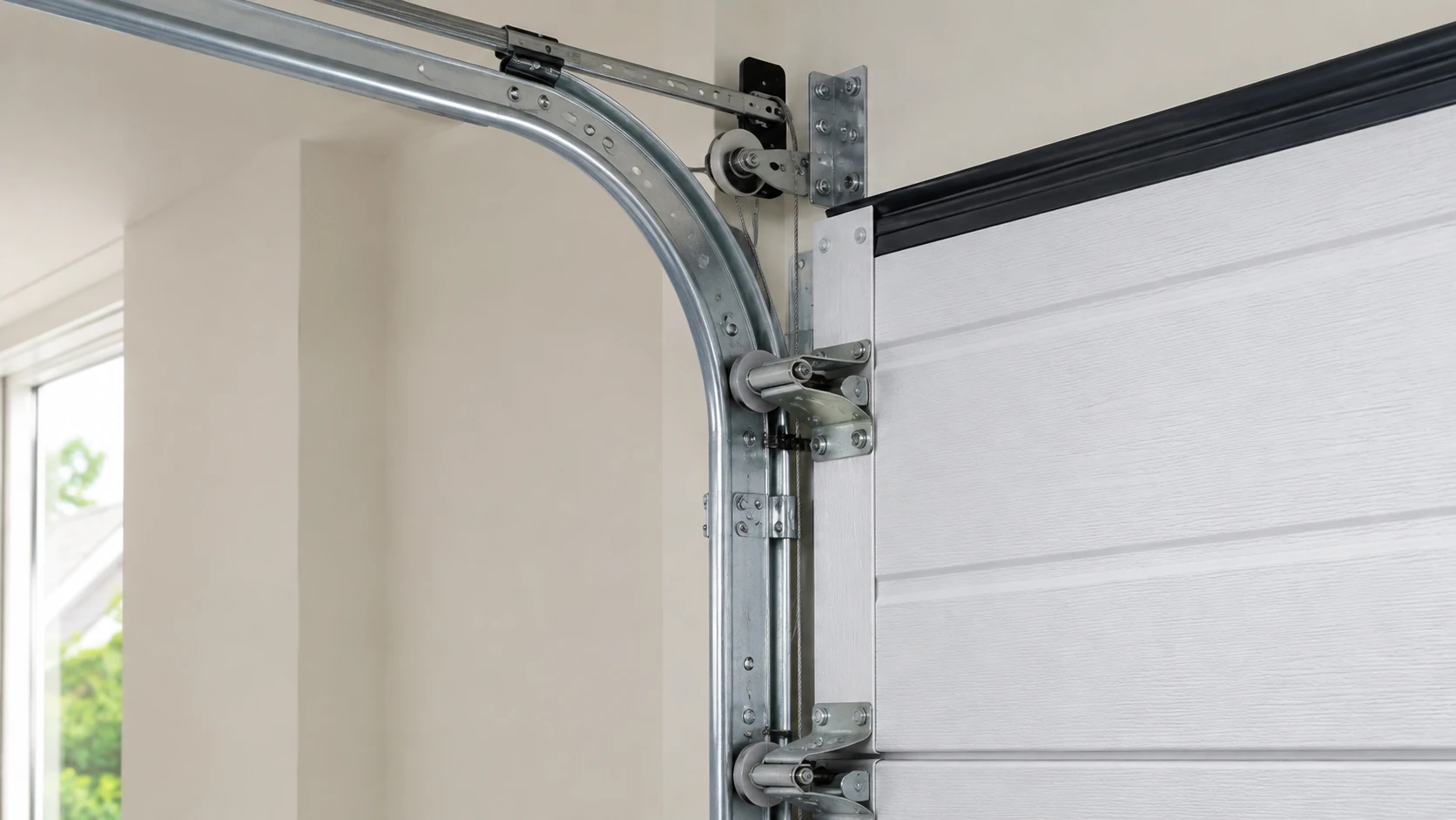 Redwood City garage door repair hardware showing tracks, rollers, hinges, and sectional door parts